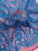 Heart Shape Sequins Fabric - Turquoise - 4 Way Stretch Sequins Damask Fabric By Yard