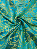 58/60" Cross Brocade Fabric - Turquoise - Religious Church Vestment Cross Jacquard Fabric By Yard