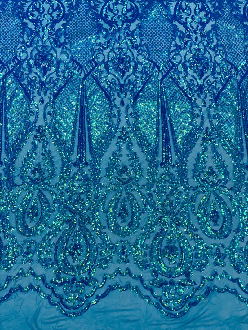 Damask Sequins Fabric - Turquoise - Shiny Sequin Design on 4 Way Stretch Black Mesh Fabric By Yard