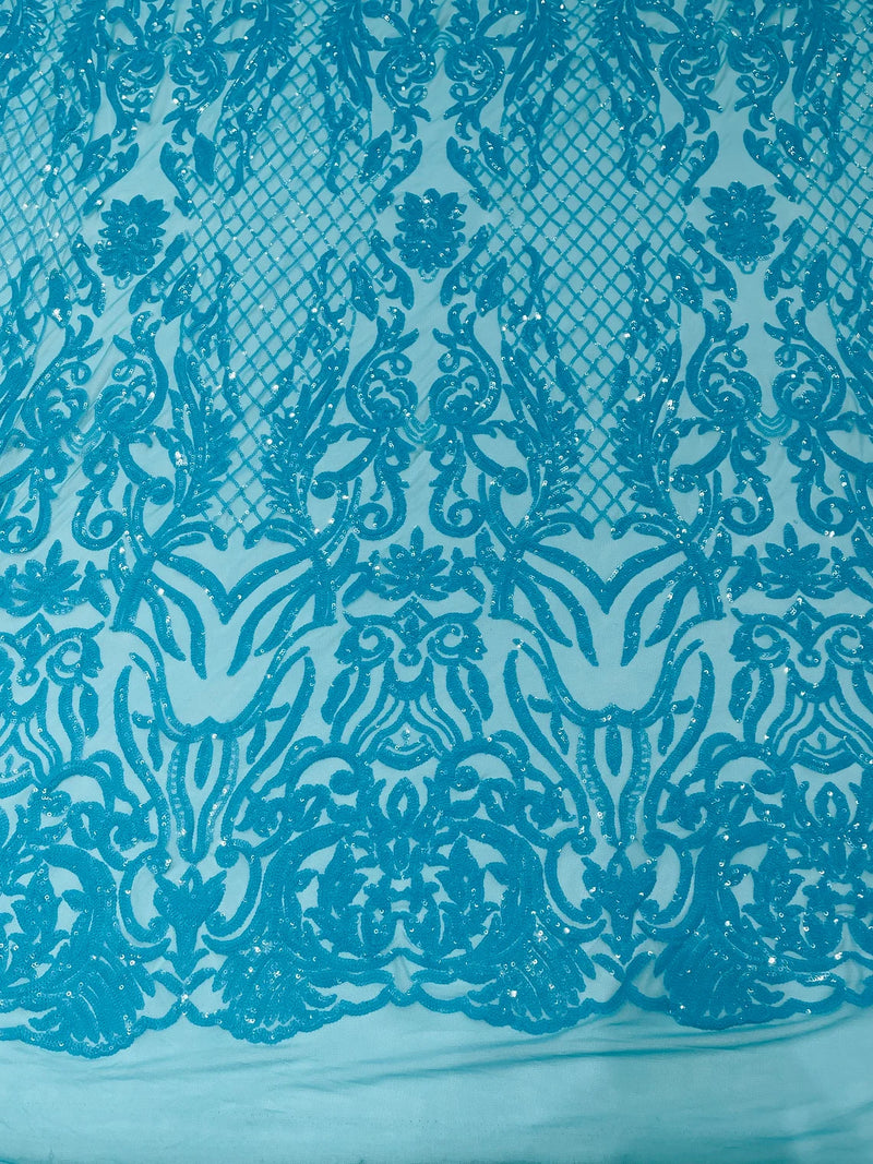 4 Way Stretch Fabric Design - Turquoise - Fancy Net Sequins Design Fabric By Yard