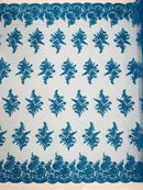 Flower Lace Sequins Fabric - Turquoise - Embroidered Floral Pattern Fabric with Sequins on Lace By Yard