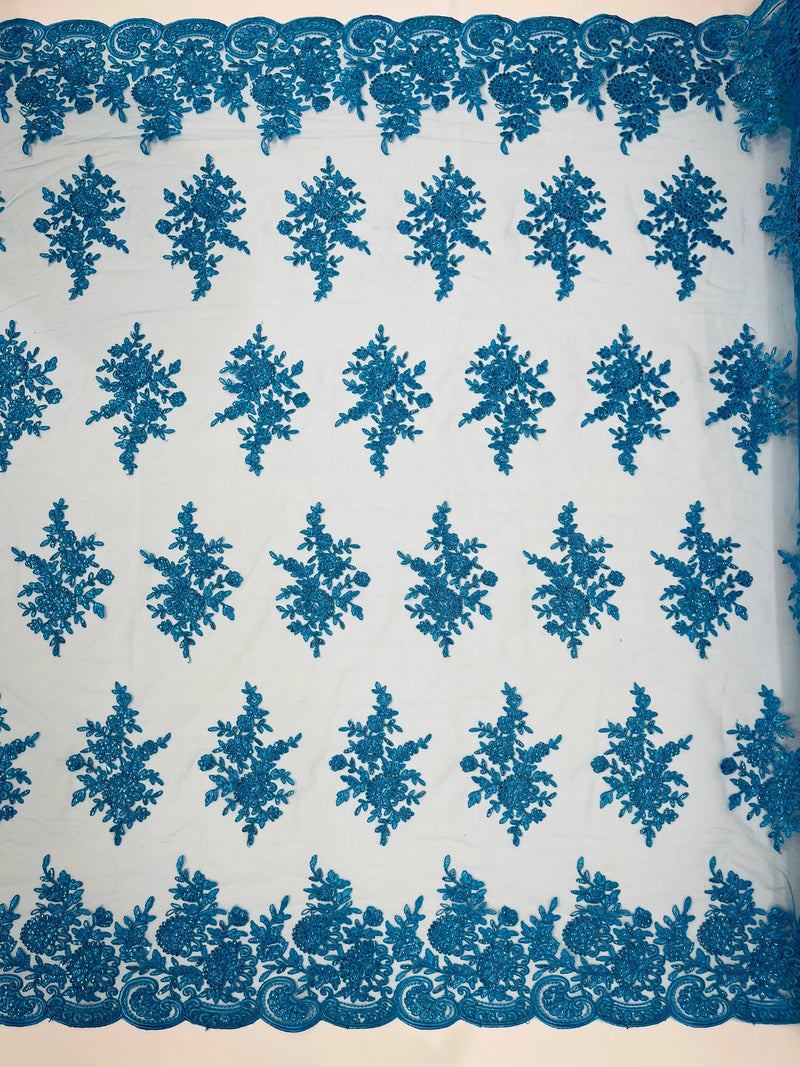 Flower Lace Sequins Fabric - Turquoise - Embroidered Floral Pattern Fabric with Sequins on Lace By Yard