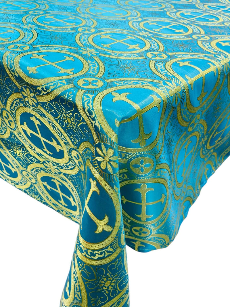 Cross Print Brocade Tablecloth - Jacquard Religious Print Church Fabric Table Covers