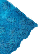 Damask Flower Lace Fabric - Turquoise - Damask Flowers Embroidered on Lace Fabric By Yard