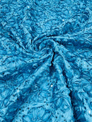 Sequins Satin Rosette Fabric - Turquoise - 3D Satin Rose Sequins Floral Fabric Sold By The Yard
