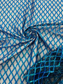 Diamond Net Sequins Fabric - Turquoise - Geometric Diamond Net Design on Mesh Lace Fabric By Yard