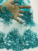 Floral Beaded Gaviota Fabric - Turquoise - Beaded Floral Design Embroidered On Mesh Sold By Yard
