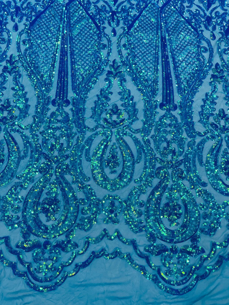 Damask Sequins Fabric - Turquoise - Shiny Sequin Design on 4 Way Stretch Black Mesh Fabric By Yard