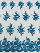 Flower Lace Sequins Fabric - Turquoise - Embroidered Floral Pattern Fabric with Sequins on Lace By Yard