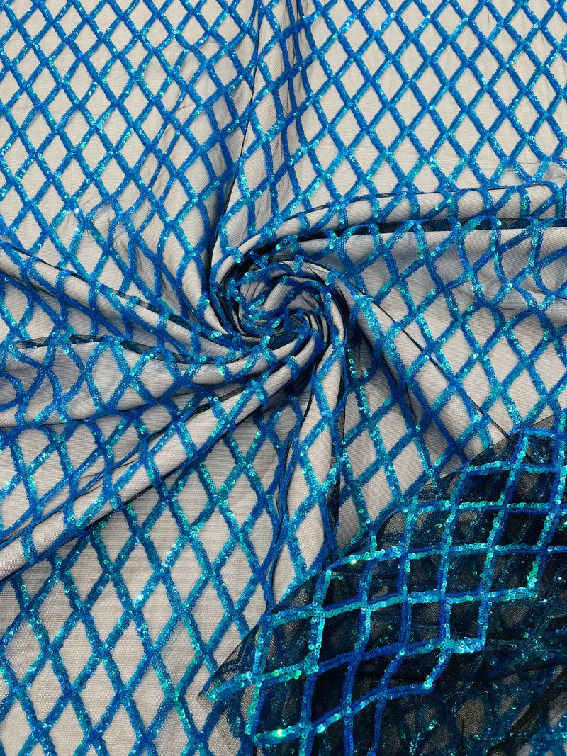 Diamond Net Sequins Fabric - Turquoise - Geometric Diamond Net Design on Mesh Lace Fabric By Yard