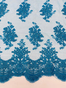 Damask Flower Lace Fabric - Turquoise - Damask Flowers Embroidered on Lace Fabric By Yard