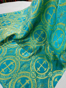 58/60" Cross Brocade Fabric - Turquoise - Religious Church Vestment Cross Jacquard Fabric By Yard