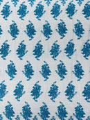 Damask Flower Lace Fabric - Turquoise - Damask Flowers Embroidered on Lace Fabric By Yard