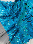 Circle Paillette Sequins - Turquoise Hologram - Large Round Paillette Sequins Design Fabric By Yard