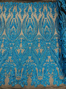 Big Damask Sequins - Turquoise Holographic on Black - Damask Sequin Design on 4 Way Stretch Fabric By Yard