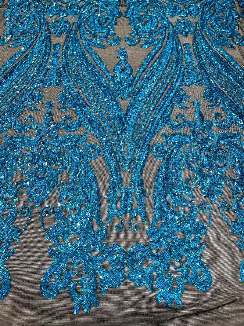 Big Damask Sequins - Turquoise Holographic on Black - Damask Sequin Design on 4 Way Stretch Fabric By Yard