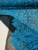 Iridescent Sequin Fabric - Turquoise Iridescent on Black - 4 Way Stretch Royalty Lace Sequin By Yard