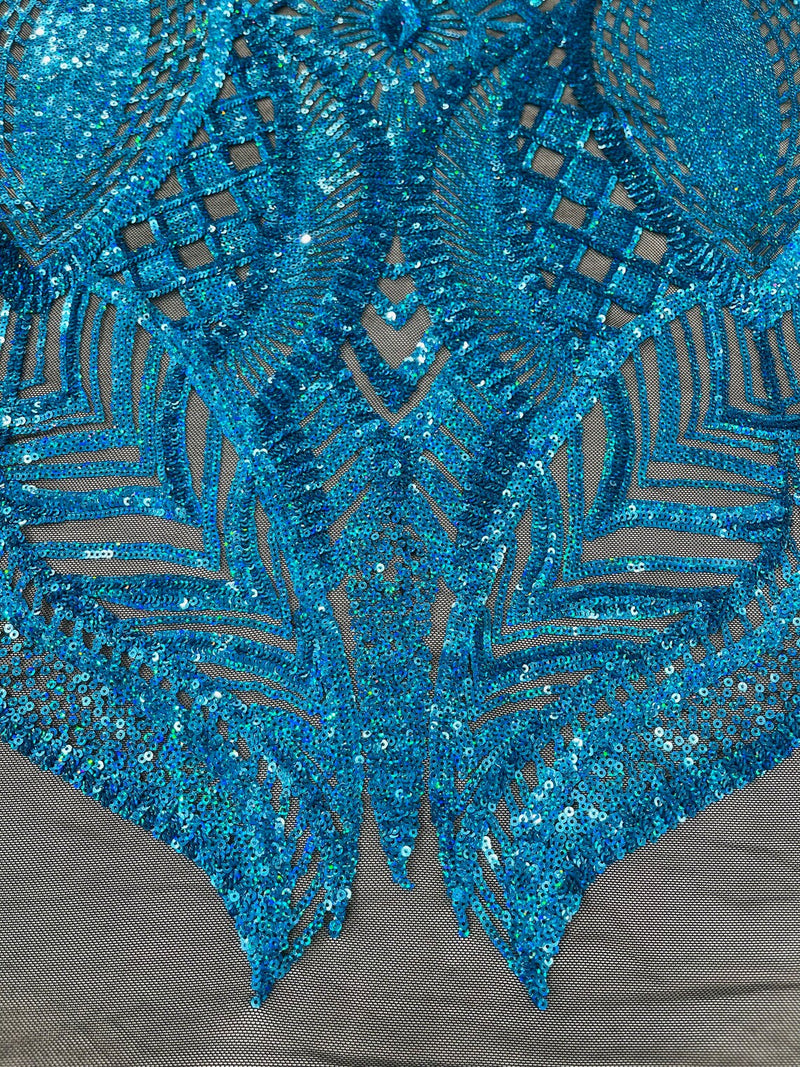 Iridescent Sequin Fabric - Turquoise Iridescent on Black - 4 Way Stretch Royalty Lace Sequin By Yard