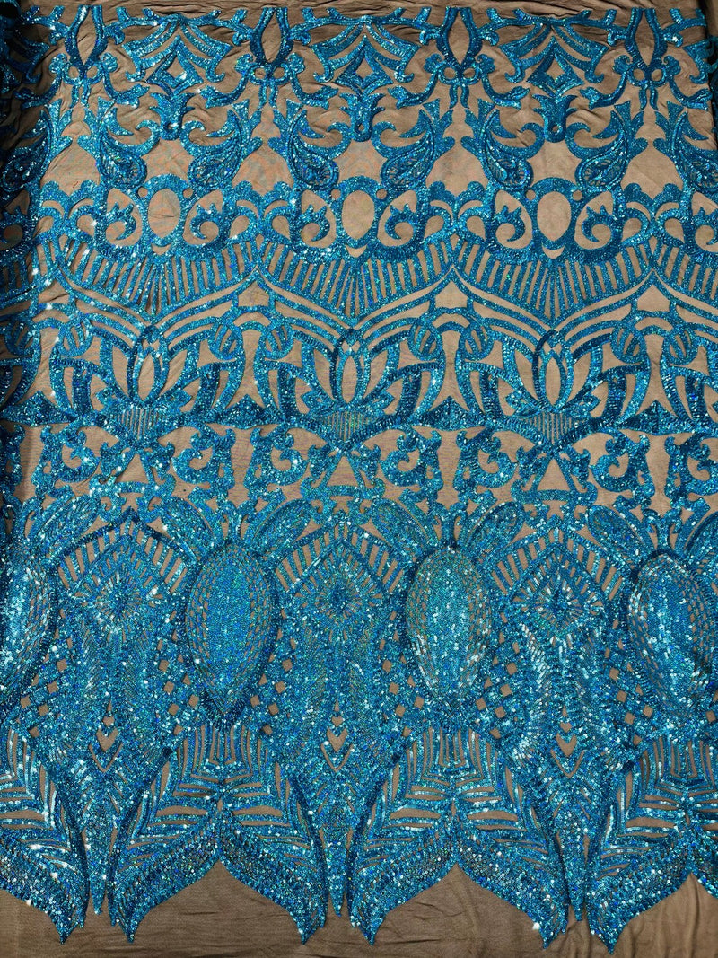 Iridescent Sequin Fabric - Turquoise Iridescent on Black - 4 Way Stretch Royalty Lace Sequin By Yard