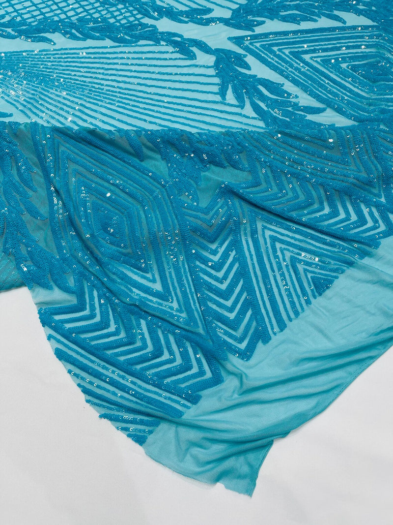 Triangle Pattern Sequins - Turquoise Iridescent - 4 Way Stretch Fabric Sequins Geometric Design  By Yard