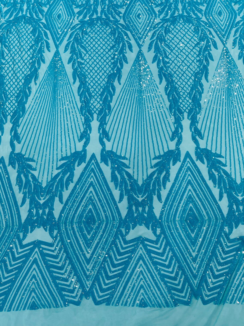 Triangle Pattern Sequins - Turquoise Iridescent - 4 Way Stretch Fabric Sequins Geometric Design  By Yard