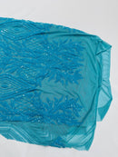 Triangle Pattern Sequins - Turquoise Iridescent - 4 Way Stretch Fabric Sequins Geometric Design  By Yard