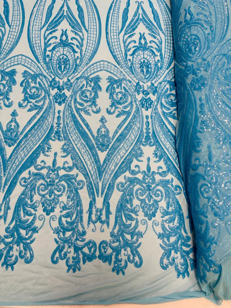 Big Damask Sequins - Turquoise Iridescent - Damask Sequin Design on 4 Way Stretch Fabric By Yard