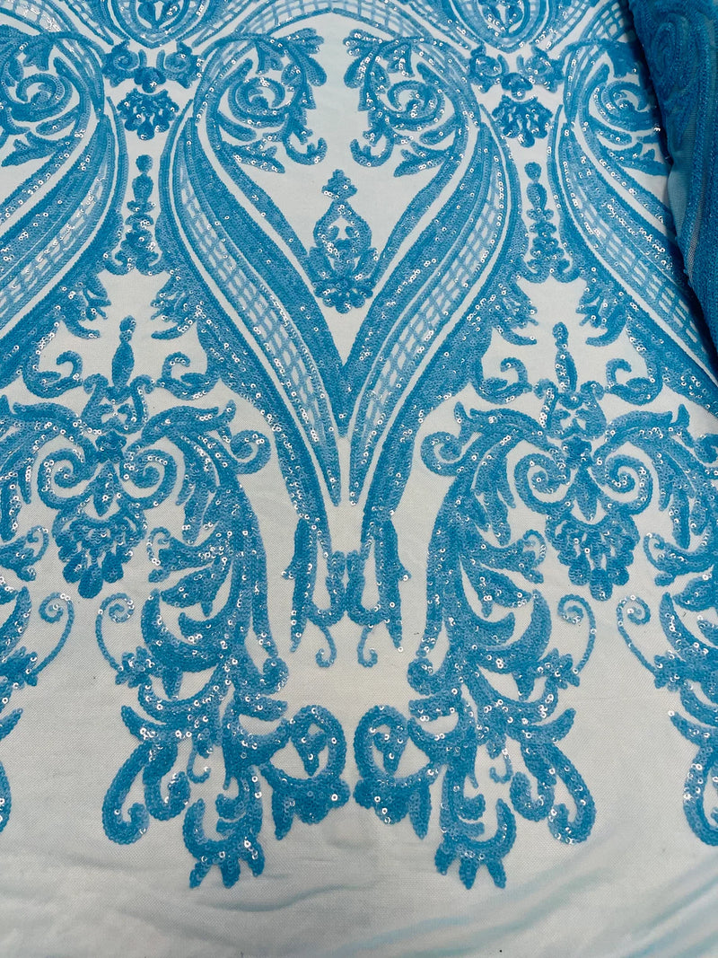 Big Damask Sequins - Turquoise Iridescent - Damask Sequin Design on 4 Way Stretch Fabric By Yard