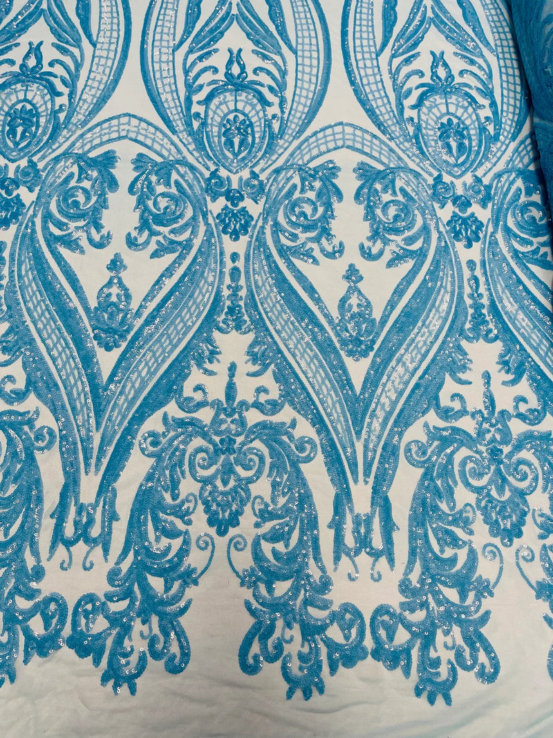 Big Damask Sequins - Turquoise Iridescent - Damask Sequin Design on 4 Way Stretch Fabric By Yard