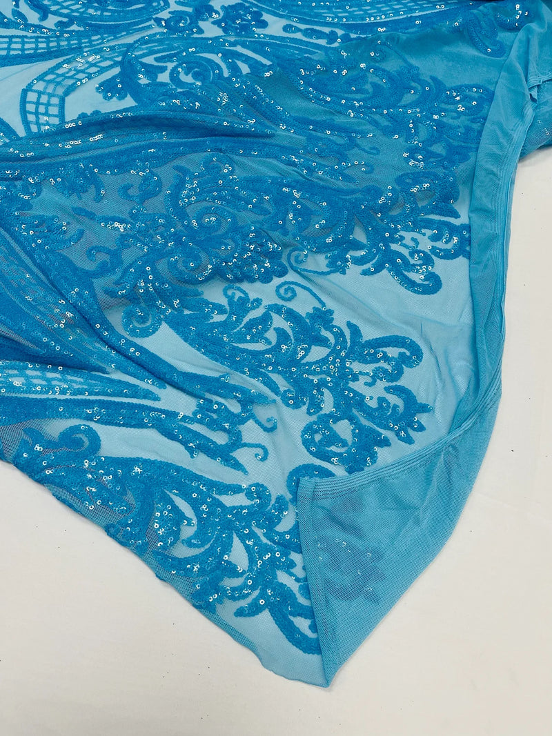 Big Damask Sequins - Turquoise Iridescent - Damask Sequin Design on 4 Way Stretch Fabric By Yard