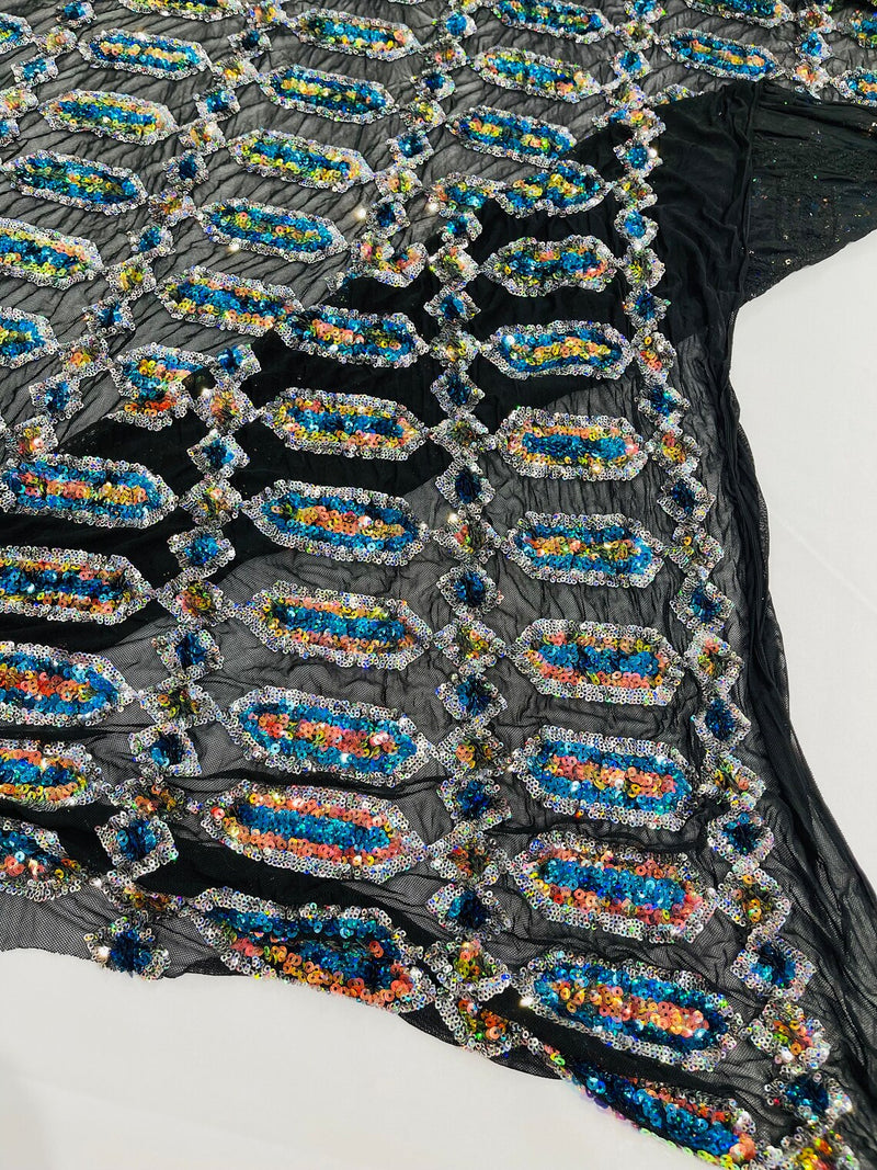 Geometric Stretch Sequin - Turquoise Iridescent on Black - Fancy Gem Design on Mesh By Yard
