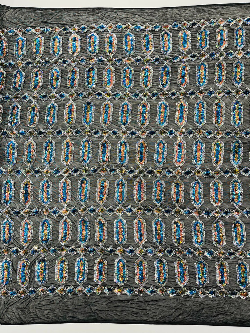Geometric Stretch Sequin - Turquoise Iridescent on Black - Fancy Gem Design on Mesh By Yard