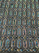 Geometric Stretch Sequin - Turquoise Iridescent on Black - Fancy Gem Design on Mesh By Yard