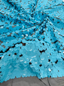 Circle Paillette Sequins - Turquoise on Black - Large Round Paillette Sequins Design Fabric By Yard