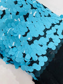 Circle Paillette Sequins - Turquoise on Black - Large Round Paillette Sequins Design Fabric By Yard