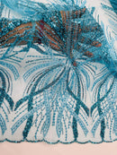 Turquoise Embroidery Beaded Fabric by Yard, Sequin on a Mesh with Floral Lace