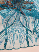Turquoise Embroidery Beaded Fabric by Yard, Sequin on a Mesh with Floral Lace