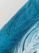 Turquoise Embroidery Beaded Fabric by Yard, Sequin on a Mesh with Floral Lace