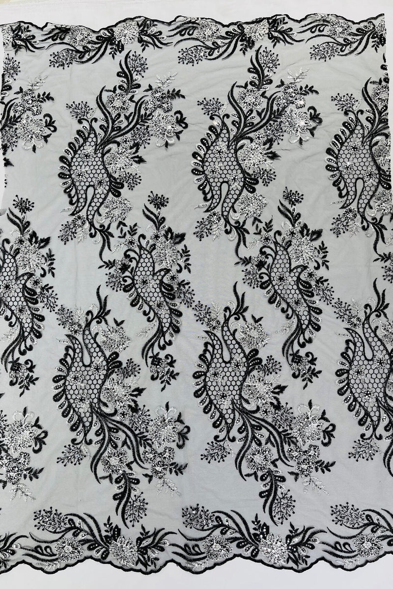 Two Tone Lace Floral Fabric - White / Black - Flower and Fish Designs Corded on Sequins Lace By Yard