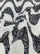 Wavy Line Design Velvet Sequins - White / Black - Velvet Sequins Fabric 2 Way Stretch 58"- 60" By Yard