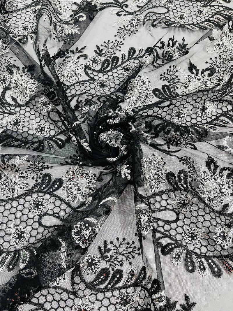 Two Tone Lace Floral Fabric - White / Black - Flower and Fish Designs Corded on Sequins Lace By Yard