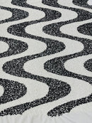 Wavy Line Design Velvet Sequins - White / Black - Velvet Sequins Fabric 2 Way Stretch 58"- 60" By Yard