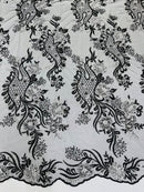 Two Tone Lace Floral Fabric - White / Black - Flower and Fish Designs Corded on Sequins Lace By Yard