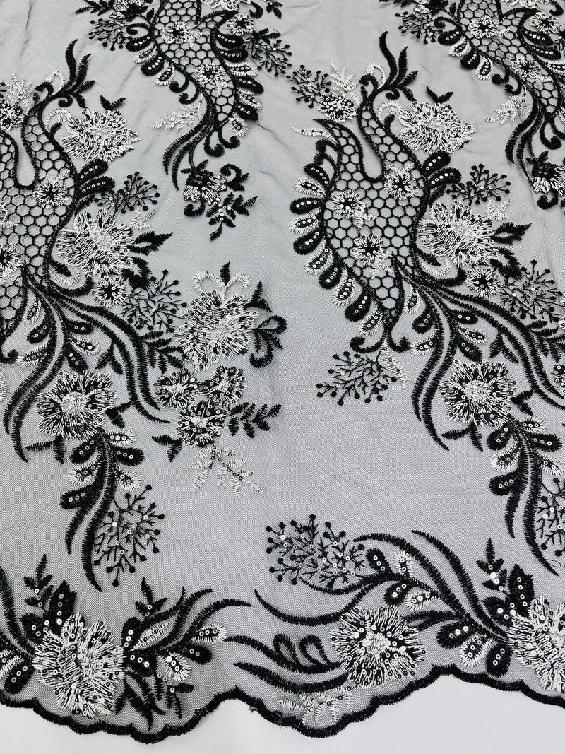 Two Tone Lace Floral Fabric - White / Black - Flower and Fish Designs Corded on Sequins Lace By Yard