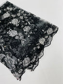 Two Tone Lace Floral Fabric - White / Black - Flower and Fish Designs Corded on Sequins Lace By Yard