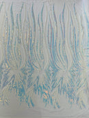 Angel Wings Sequins Fabric - White / Blue Iridescent - 4 Way Stretch Feather Wings Sequins Design By Yard