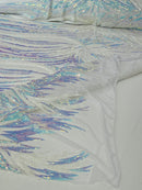 Angel Wings Sequins Fabric - White / Blue Iridescent - 4 Way Stretch Feather Wings Sequins Design By Yard