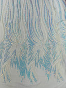 Angel Wings Sequins Fabric - White / Blue Iridescent - 4 Way Stretch Feather Wings Sequins Design By Yard