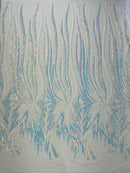 Angel Wings Sequins Fabric - White / Blue Iridescent - 4 Way Stretch Feather Wings Sequins Design By Yard