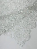 Metallic Thread Floral Design - White / Clear - Flower Lace Sequins Corded by the yard